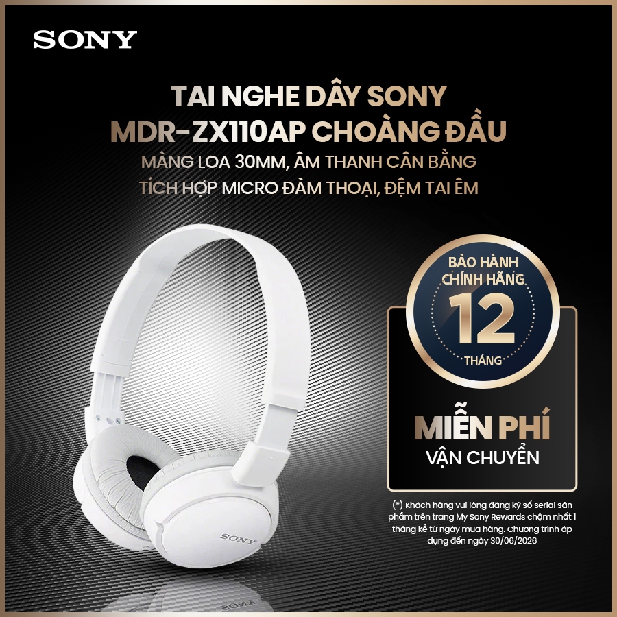 Tai nghe dây Sony MDR-ZX110AP choàng đầu, màng loa 30mm, âm thanh cân bằng, tích hợp micro đàm thoại