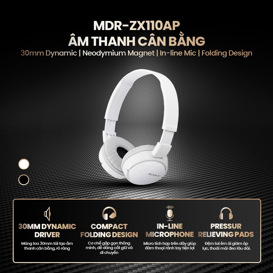 Tai nghe dây Sony MDR-ZX110AP choàng đầu, màng loa 30mm, âm thanh cân bằng, tích hợp micro đàm thoại | BigBuy360 - bigbuy360.vn