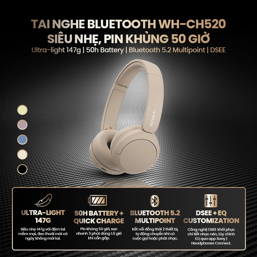 Tai nghe bluetooth Sony WH-CH520 siêu nhẹ 147g đeo thoải mái, chỉnh EQ qua app, nhiều màu thời trang | BigBuy360 - bigbuy360.vn