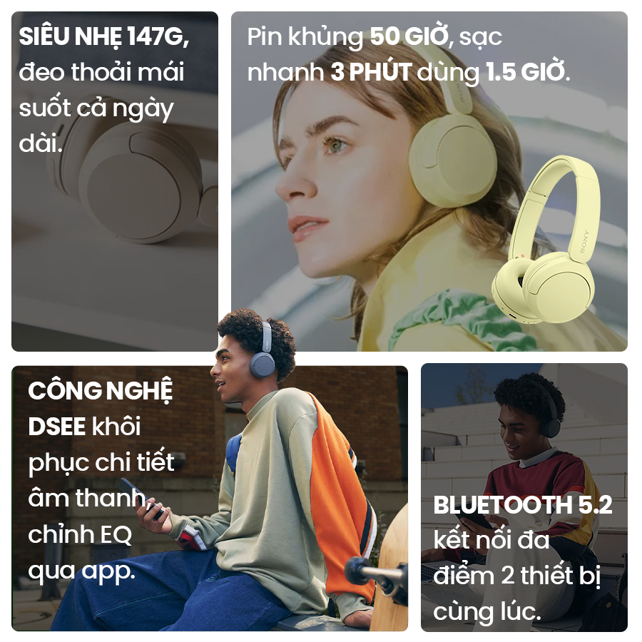 Tai nghe bluetooth Sony WH-CH520 siêu nhẹ 147g đeo thoải mái, chỉnh EQ qua app, nhiều màu thời trang | BigBuy360 - bigbuy360.vn
