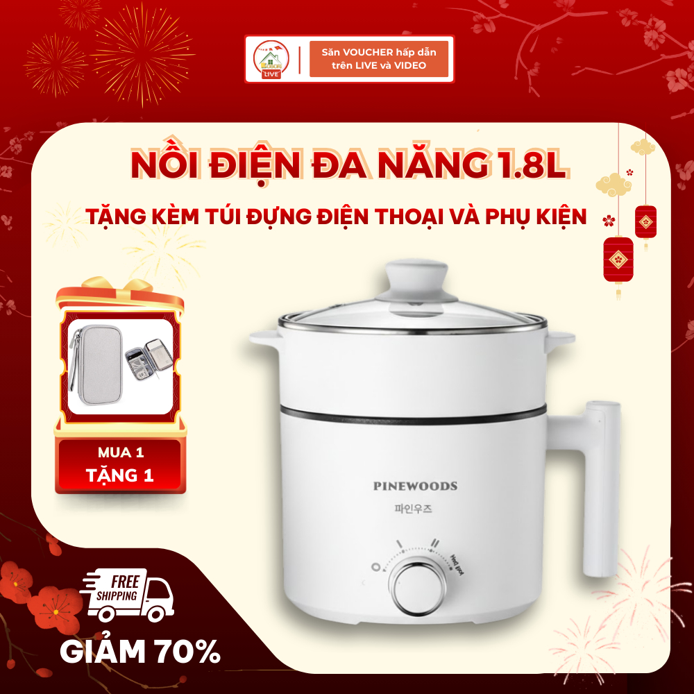 Nồi Lẩu Điện Mini Đa Năng Pinewoods 1.8l Công Suất 600W Kèm Xửng Hấp Đa Chức Năng, Lẩu Chiên Xào Rán, Dành cho sinh viên