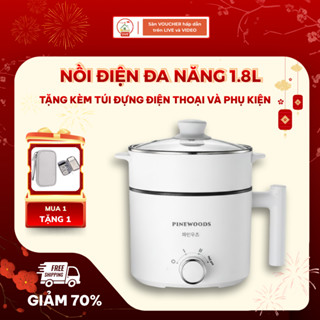 Nồi Lẩu Điện Mini Đa Năng Pinewoods 1.8l Công Suất 600W Kèm Xửng Hấp Đa Chức Năng, Lẩu Chiên Xào Rán, Dành cho sinh viên
