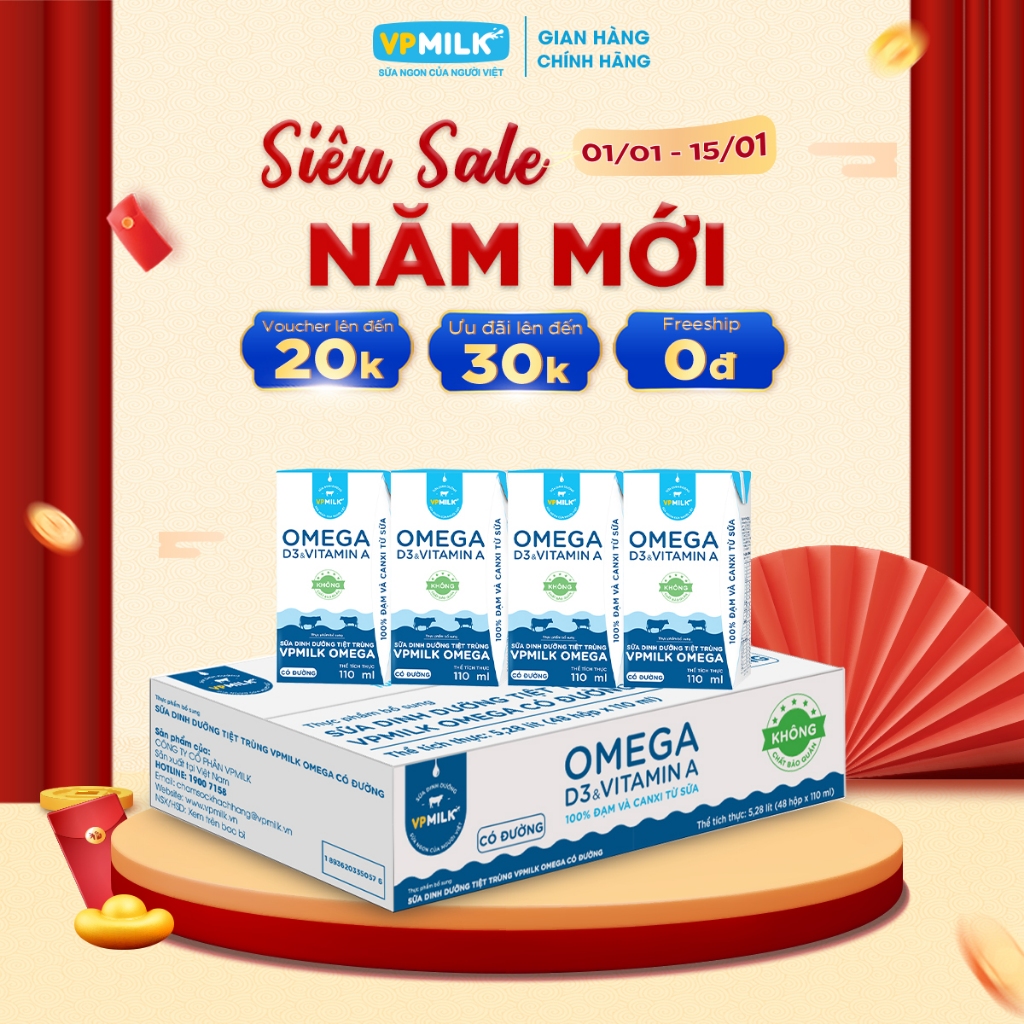 Sữa Dinh Dưỡng Tiệt Trùng VPMilk Omega Có Đường dạng HỘP 110ml (thùng 48 hộp)