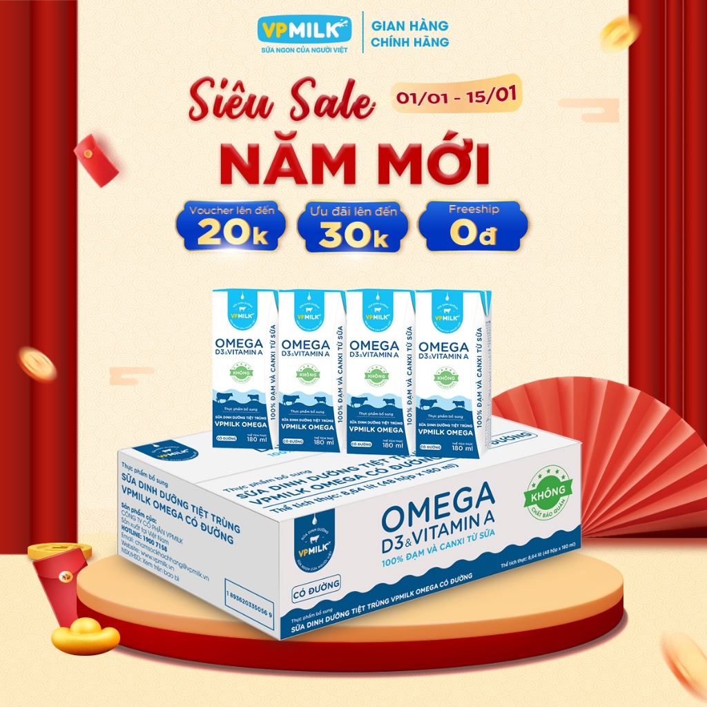 Sữa Dinh Dưỡng Tiệt Trùng VPMilk Omega Có Đường dạng hộp 180ml (thùng 48 hộp)