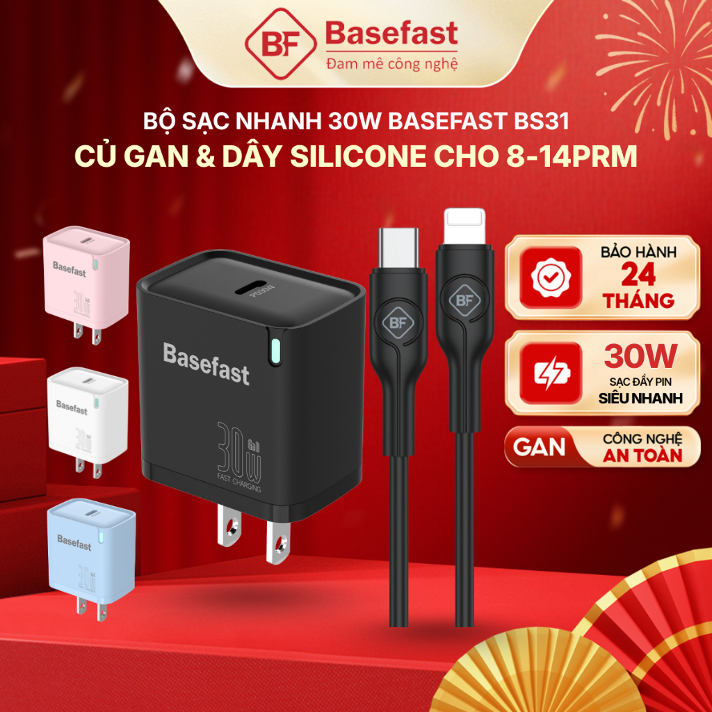 Bộ sạc nhanh 30W Basefast Củ GaN chống quá tải nhiệt dùng cho Phone x xs 11 12 13 14