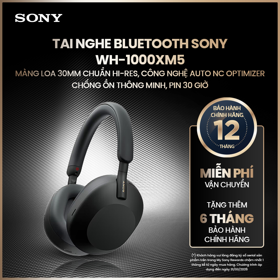 Tai nghe bluetooth Sony WH-1000XM5 màng loa 30mm chuẩn Hi-Res, công nghệ Auto NC Optimizer chống ồn