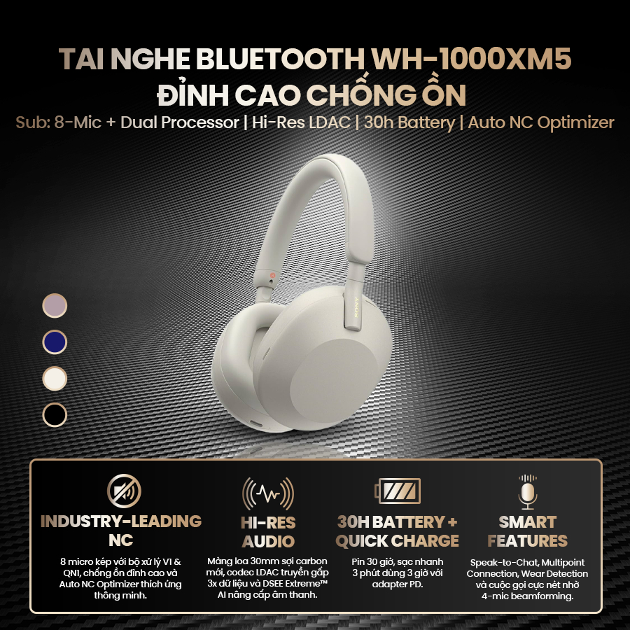 Tai nghe bluetooth Sony WH-1000XM5 màng loa 30mm chuẩn Hi-Res, công nghệ Auto NC Optimizer chống ồn | BigBuy360 - bigbuy360.vn