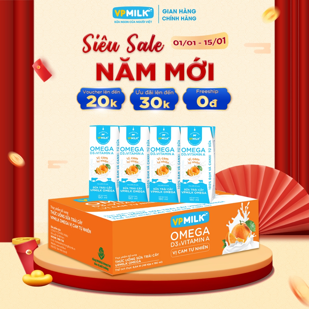 Sữa trái cây VPMILK Omega vị CAM tự nhiên hộp 180ml (Thùng 48 hộp)