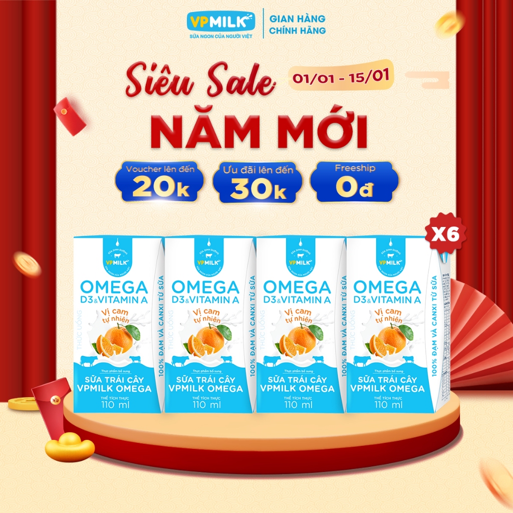 [Combo 6 lốc] Sữa trái cây VPMILK Omega vị CAM tự nhiên hộp 110ml (4 hộp x 6)