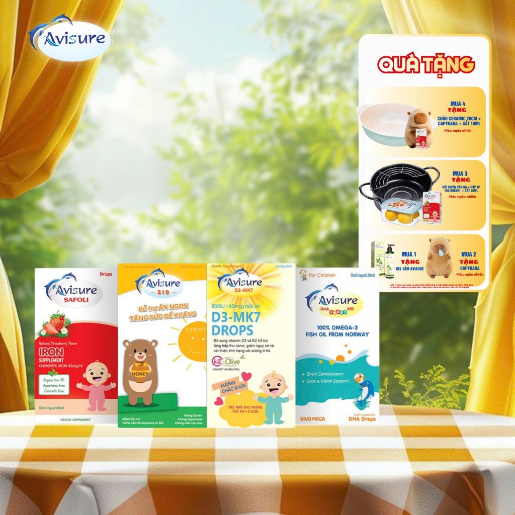 [QUÀ Y HÌNH] Bộ tứ Avisure D3MK7, Avisure DHA smart Kid, Avisure Safoli Drop, Avisure ZiO bổ sung to