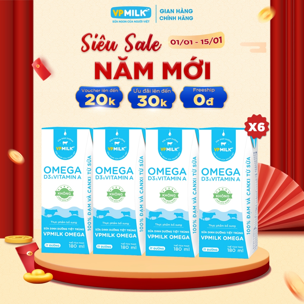 [6 Lốc 180ml] Sữa Dinh Dưỡng Tiệt Trùng VPMilk Omega ÍT ĐƯỜNG dạng Hộp (4 hộp x 6)