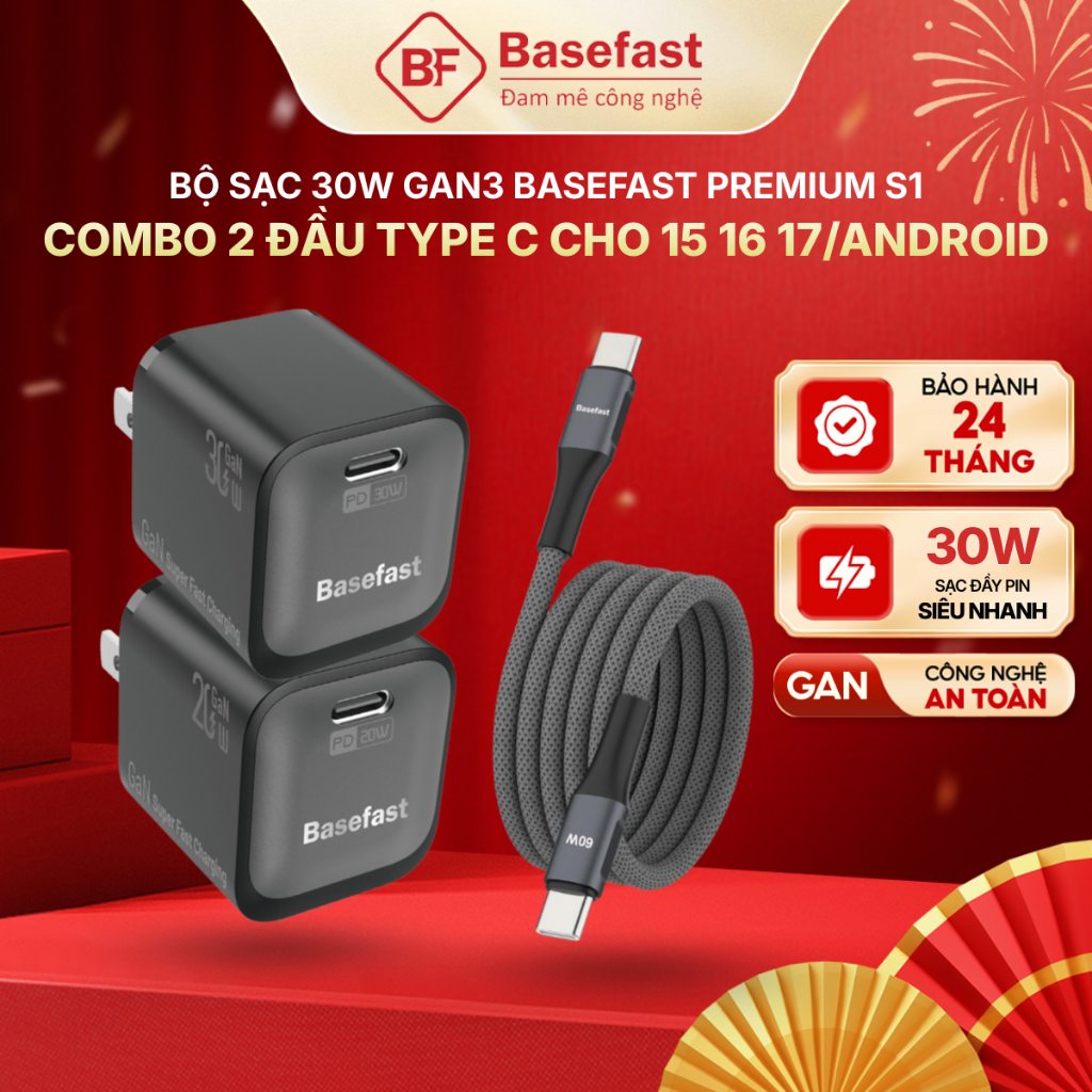 Bộ sạc nhanh TypeC 30W Basefast Combo Củ GaN kèm dây Dù 1-2M cho Phone 15 16 17/ android