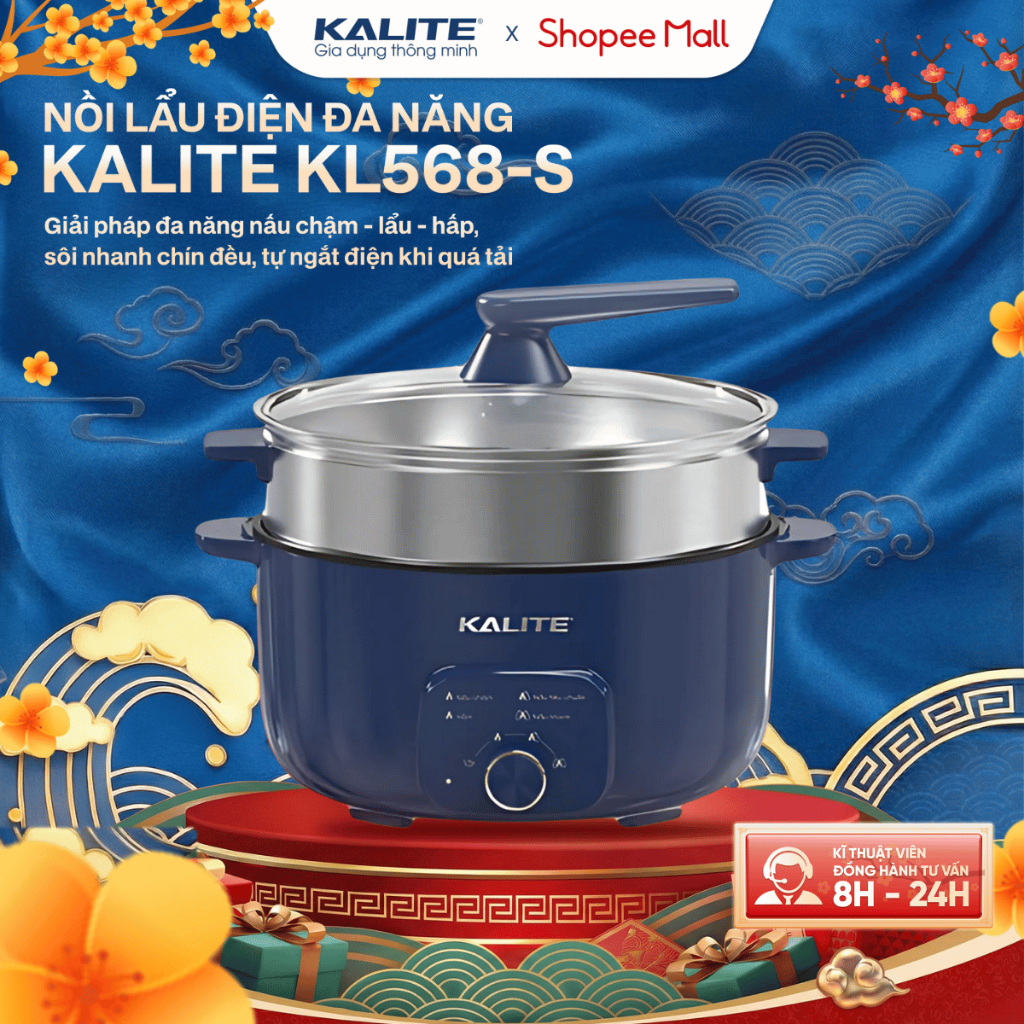 Nồi lẩu hấp đa năng KALITE KL568-S Công suất 2000W Dung tích 6L có xứng hấp dung tích 5L, BH 12T