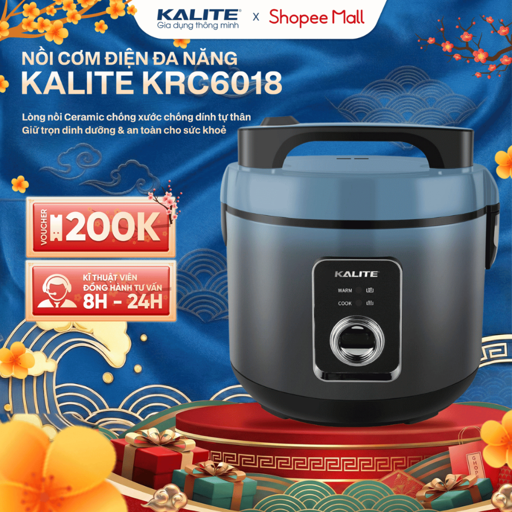 Nồi cơm điện KALITE KRC6018, lòng nồi ceramic cao cấp, Lòng nồi dạng niêu 5 lớp, đa chức năng nấu, d