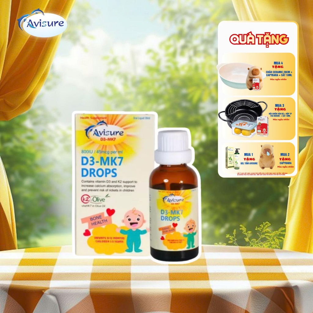 [QUÀ Y HÌNH] Vitamin D3 K2 - MK7 Tinh Khiết Italia Avisure D3MK7 Hấp Thụ Canxi Tăng Chiều Cao Hiệu Q