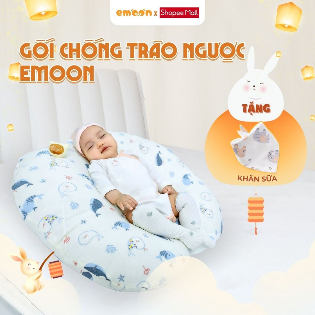 Gối chống trào ngược cho bé Emoon hỗ trợ giảm nôn trớ cho bé sau ăn, chất liệu muslin thoáng mát