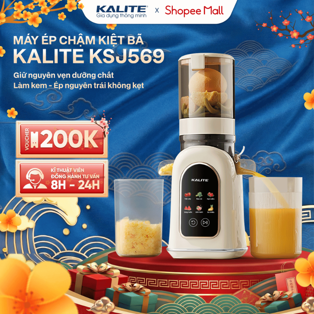 Máy ép chậm Kalite KSJ569 ép kiệt bã 99% không sinh nhiệt tích hợp làm kem, màn hình cảm ứng cao cấp