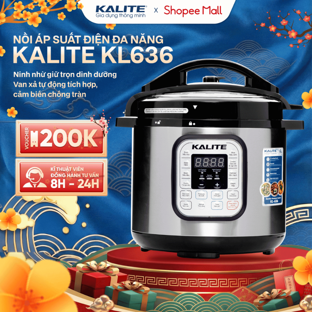 Nồi áp suất điện đa năng Kalite KL636 dung tích 6L,10+ chế độ nấu hầm đa năng, nút bấm điện tử, BH 1