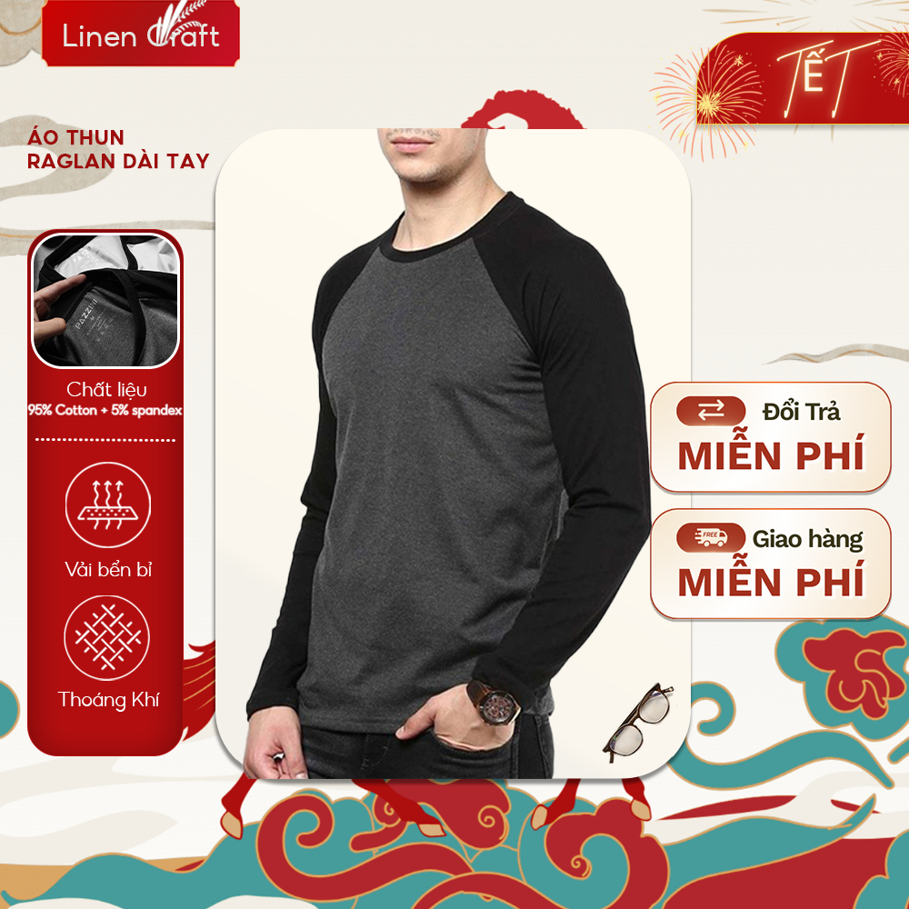 Áo thun nam tay dài Raglan vải cotton 100% mềm mịn, thoáng mát, thấm hút cực tốt - PAZZINI