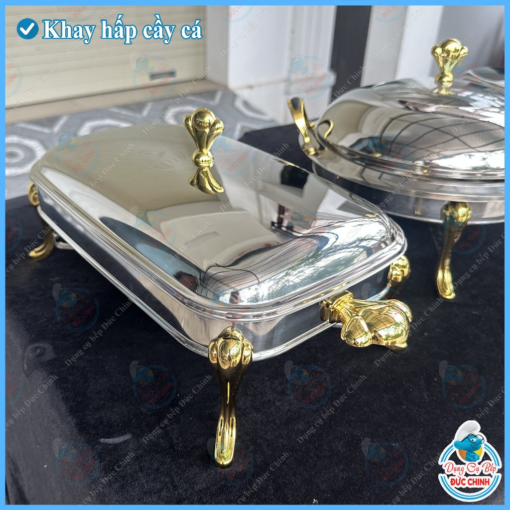 Khay hấp cầy cá mạ vàng, khay hấp Inox 304 Chống gỉ, khay hấp có khay cồn giữ nóng món ăn