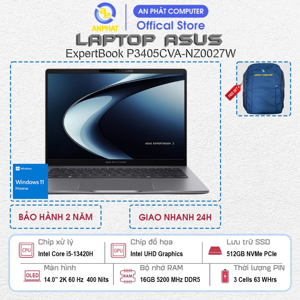 Laptop ASUS ExpertBook P3405CVA-NZ0027W, Core i5-13420H, 16GB RAM, 512GB SSD, 14.0 QHD+, Win11
