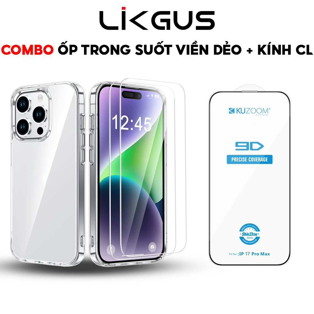 𝗖𝗢𝗠𝗕𝗢 - Ốp LIKGUS Trong Suốt, Lưng Cứng, Viền Dẻo, Chống Sốc, Chống Ố Vàng + Cường Lực 9D Trong Suốt