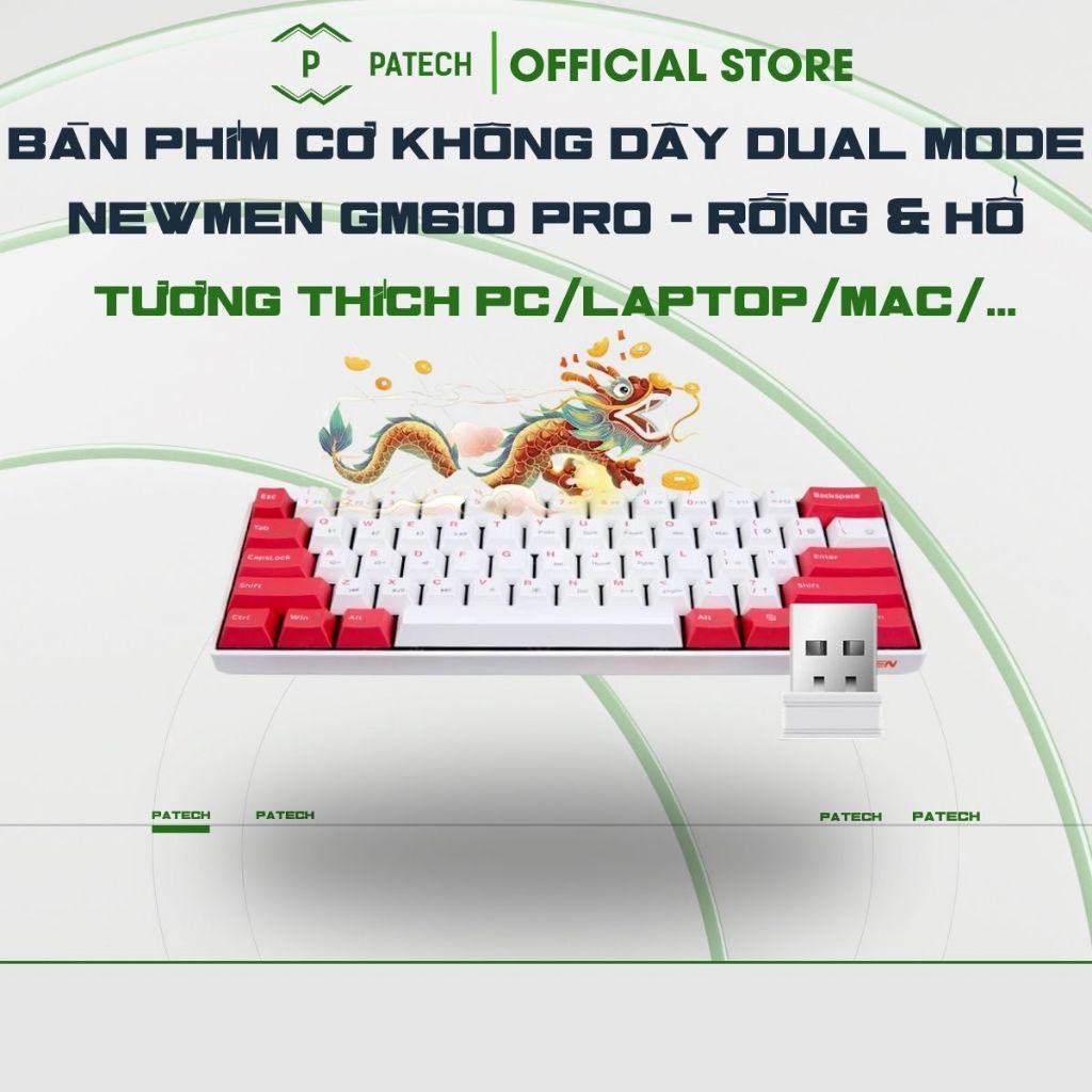 Bàn phím cơ không dây Dual Mode Newmen GM610 Pro - rồng & hổ( 61 phím ), bh 24 tháng,tương thích PC/