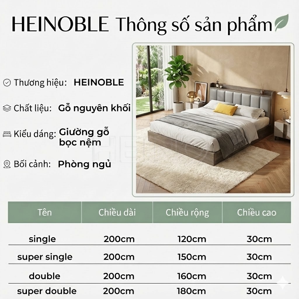 HEINO Giường Ngủ Gỗ Đầu Bọc Nệm Có Kệ Đồ Khung Dát Chắc Chắn Chịu Lực Tốt Decor Phòng Ngủ 1m6 | BigBuy360 - bigbuy360.vn