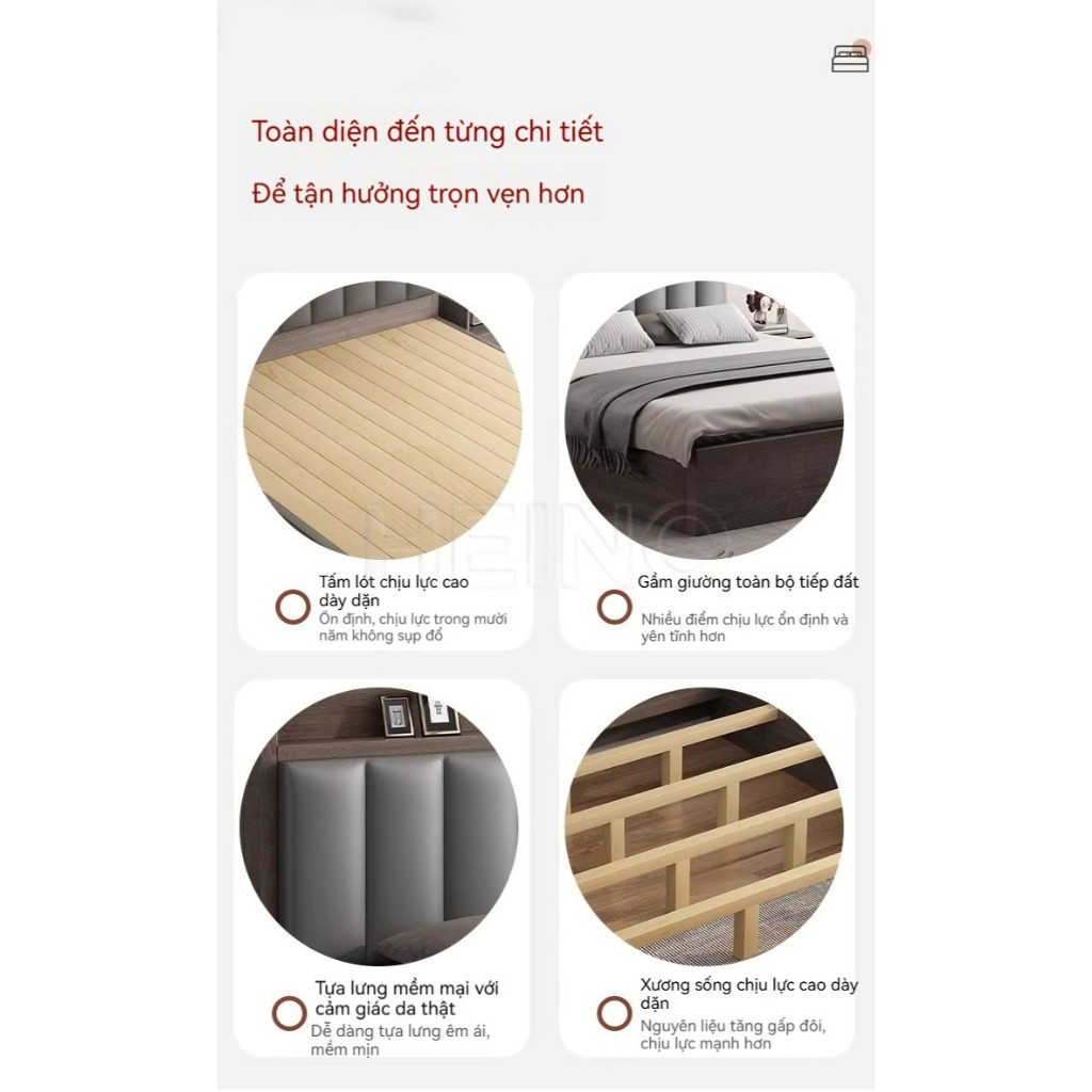 HEINO Giường Ngủ Gỗ Đầu Bọc Nệm Có Kệ Đồ Khung Dát Chắc Chắn Chịu Lực Tốt Decor Phòng Ngủ 1m6 | BigBuy360 - bigbuy360.vn