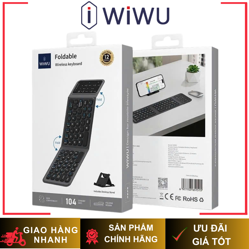 Bàn Phím WIWU FMK-05 Gập Gọn Kết Nối Bluetooth Nhỏ Gọn Tiện Lợi cho Laptop| Máy Tính Bảng| Điện Thoạ