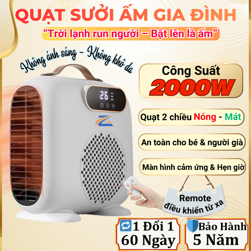 Quạt Sưởi Gốm 2 Chiều Nóng Mát, Máy sưởi mùa đông công suất 2000w làm ấm nhanh chóng không khô da
