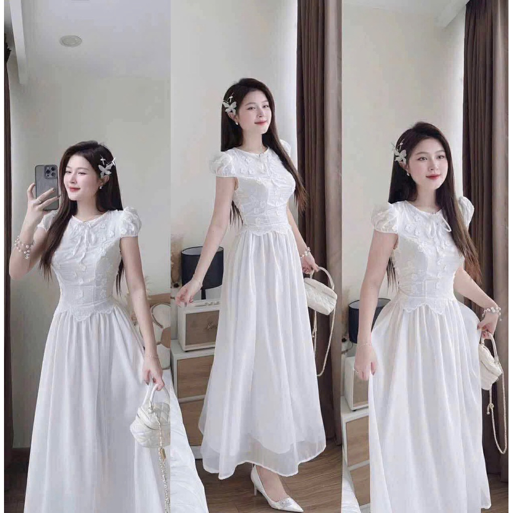 HOTTREND Đầm cô dâu, đầm trắng dự tiệc đính hoa xinh A589