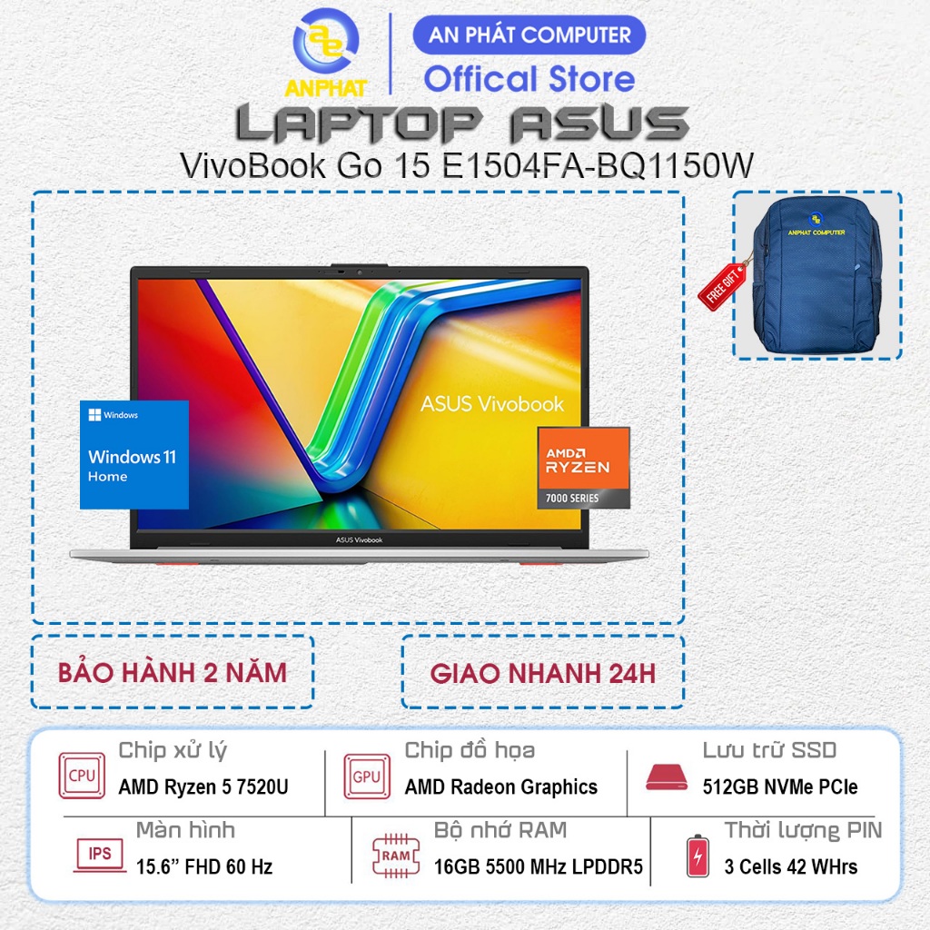 Laptop ASUS VivoBook Go 15 E1504FA-BQ1150W, Ryzen 5 7520U, 16GB RAM, 512GB SSD, 15.6 FHD, Win11
