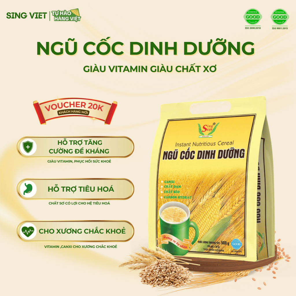 Ngũ Cốc Dinh Dưỡng Sing Việt Bổ Sung Dinh Dưỡng Vitamin Chất Sơ Cho Người Kén Ăn Gói To 500G 20 Bữa