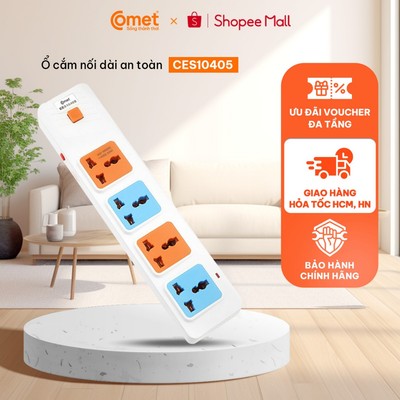 [HT HCM/HN] Ổ Cắm Điện chống cháy COMET CES10405 Dây 5M, 4 Lỗ 3 Chấu, Cầu Chì Quá Tải Nhiệt, Nhưa PP độ bền cao