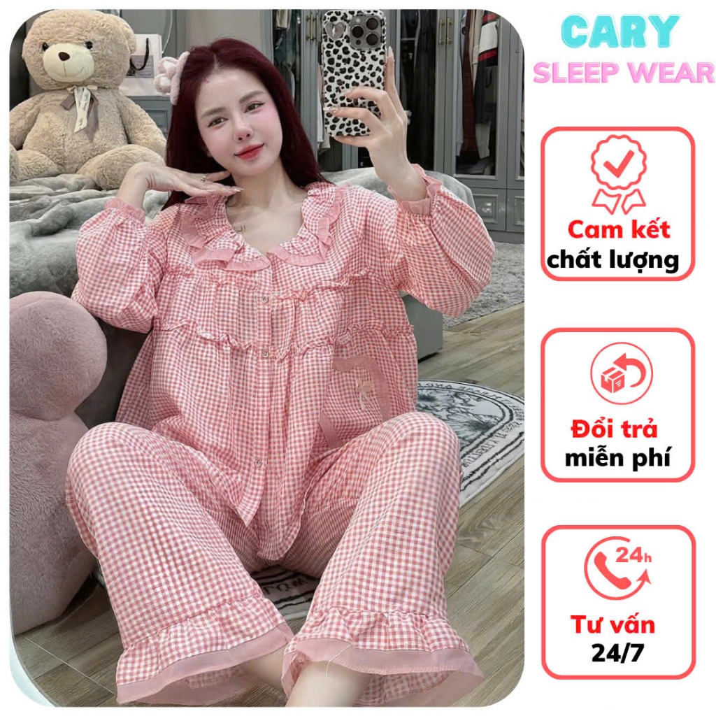 Bộ mặc nhà pyjama tay dài quần dài thu đông họa tiết kẻ caro dễ thương chất đũi xốp phối bèo tơ cao 