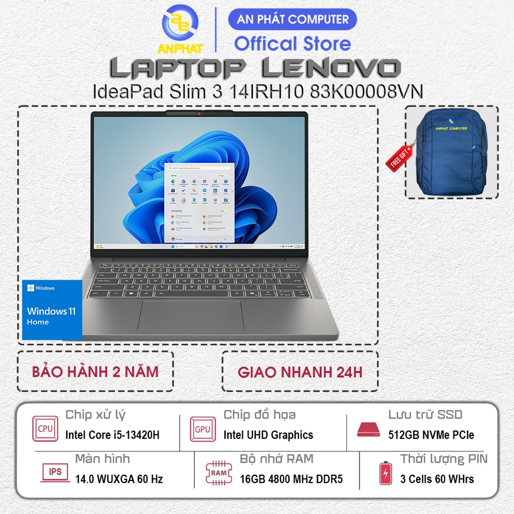 Laptop Lenovo IdeaPad Slim 3 14IRH10 83K00008VN, Core i5-13420H, 16GB RAM, 512GB SSD, 14.0 FHD+, Win