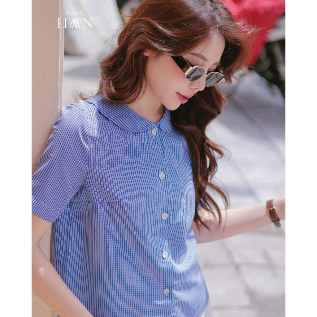Áo Sơ Mi Nữ Thiết Kế Cổ Sen, Họa Tiết Kẻ Nhỏ Màu Hồng/Xanh HAAN Design SM559