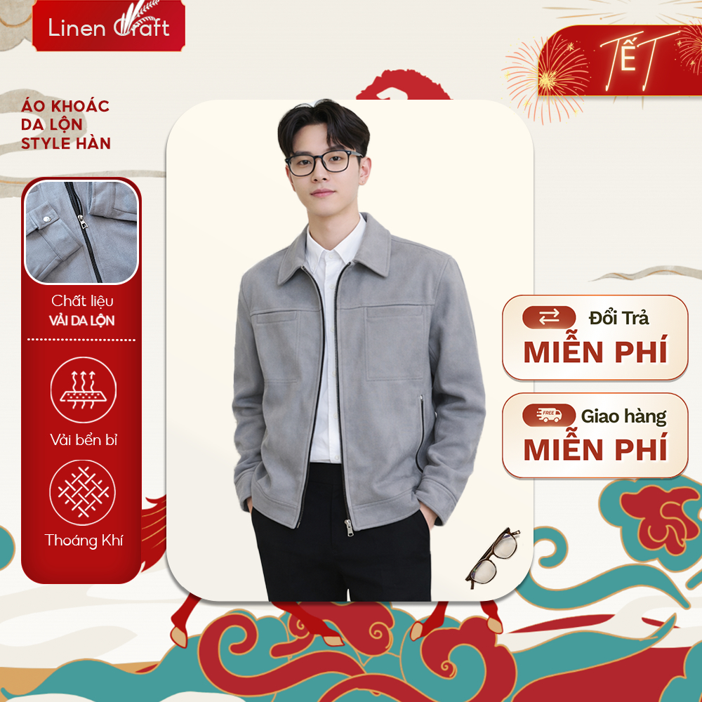 Áo khoác ngoài Da lộn nam cao cấp, khóa kéo Trơn | Phom dáng hàn quốc trẻ trung - Linen Craft