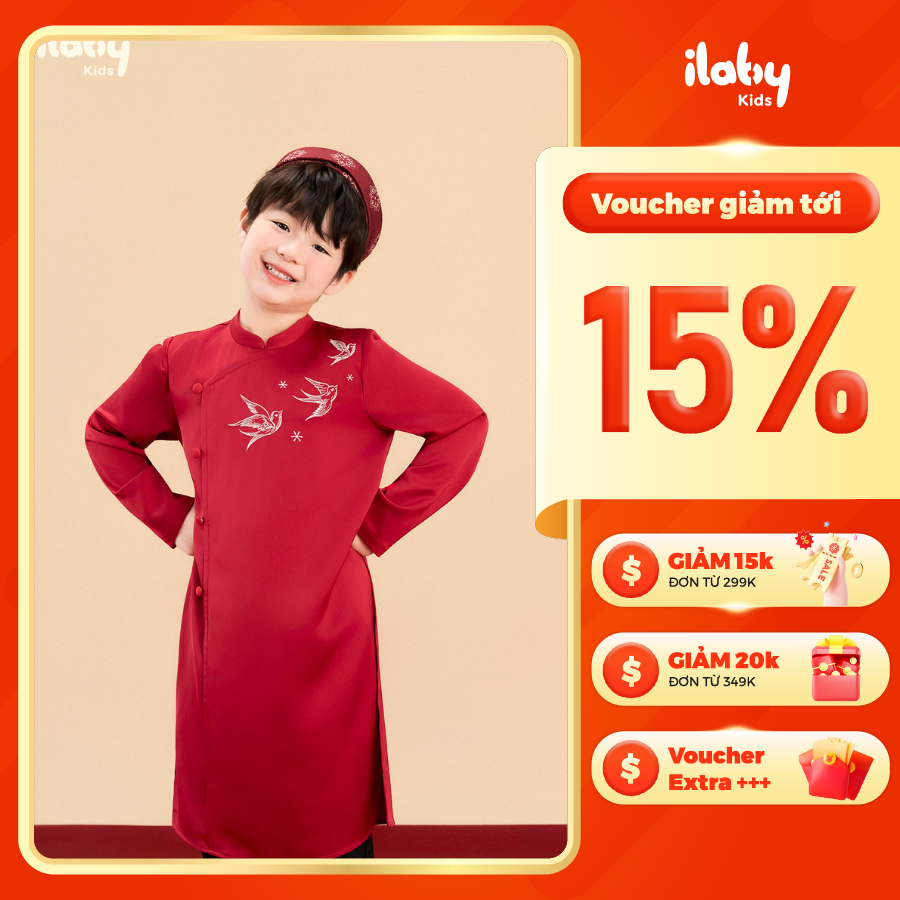 [ILABY HCM] Áo dài bé trai TRÚC AN 𝙠𝙝𝒐̂𝙣𝙜 𝙠𝒆̀𝙢 𝙦𝙪𝒂̂̀𝙣 họa tiết chim én thêu tinh xảo chất liệu lụa 2