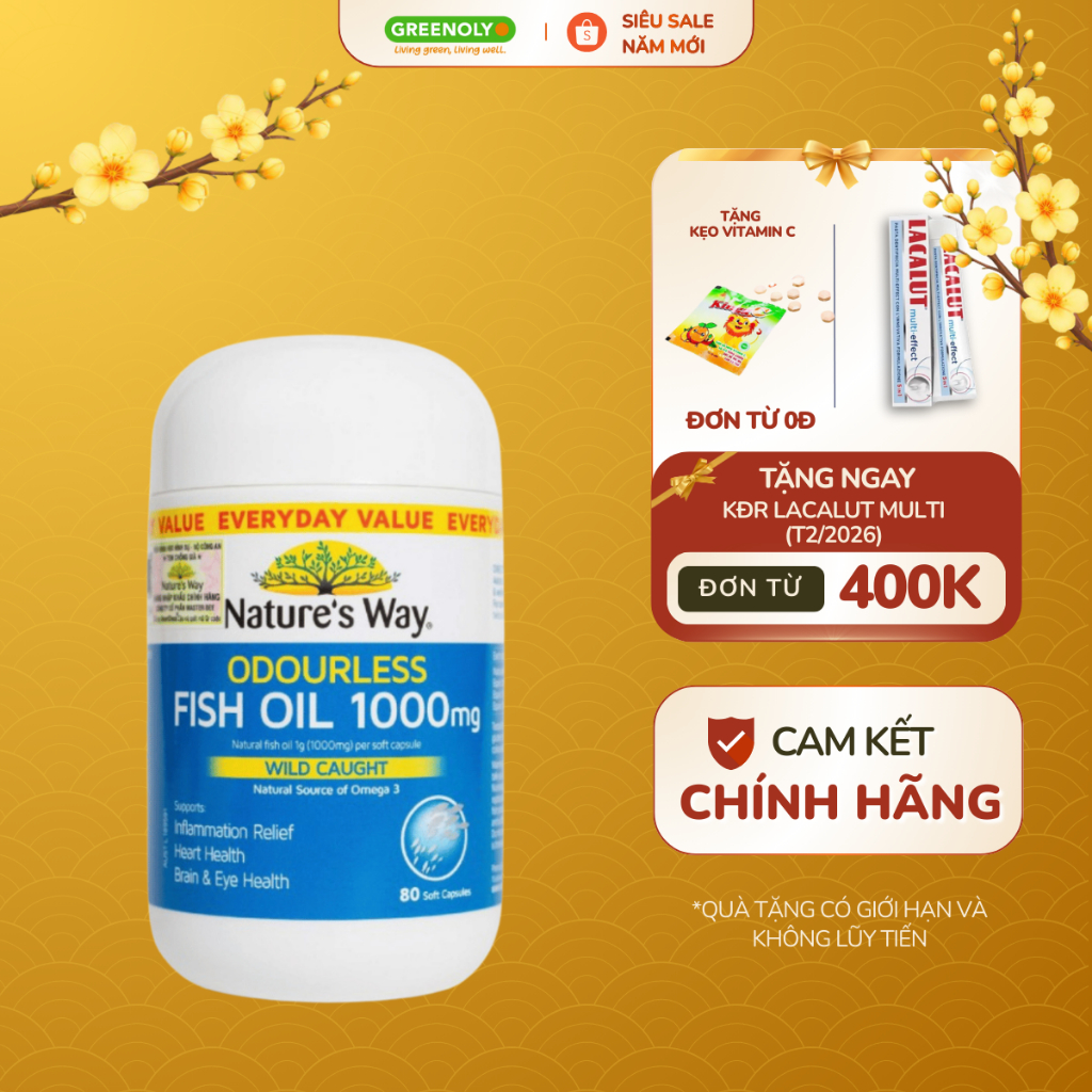 Viên Uống Dầu Cá Không Mùi Nature's Way Odourless Fish Oil 1000mg 80 Viên