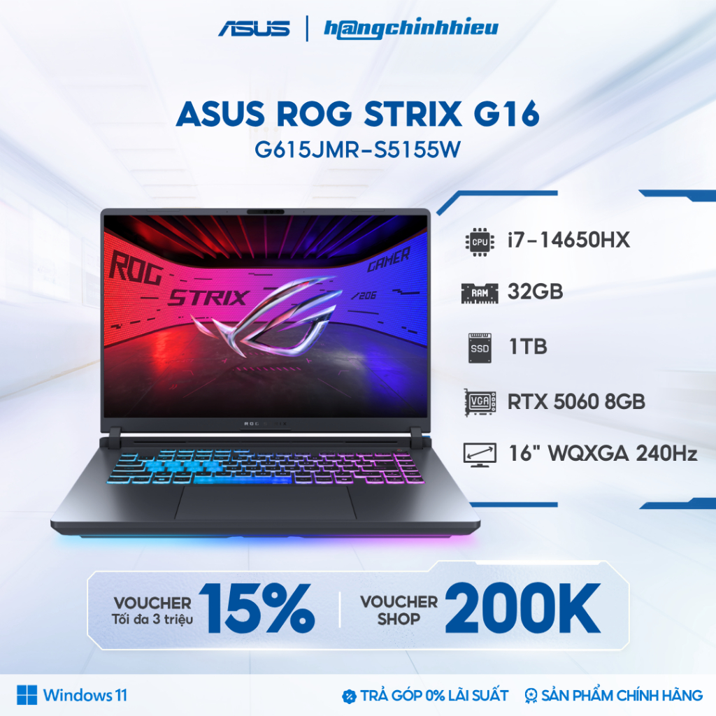 Laptop ASUS ROG Strix G16 G615JMR-S5155W  Core i7-14650HX / GeForce RTX™ 5060 8GB / 32GB / 1TB /16' 