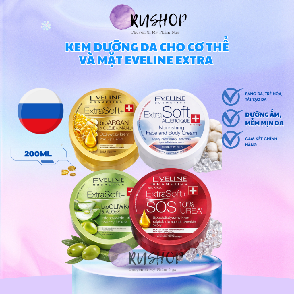 Kem dưỡng da cho cơ thể và mặt Eveline Extra - Kem Body & face Eveline sáng mịn, cấp ẩm 200ml