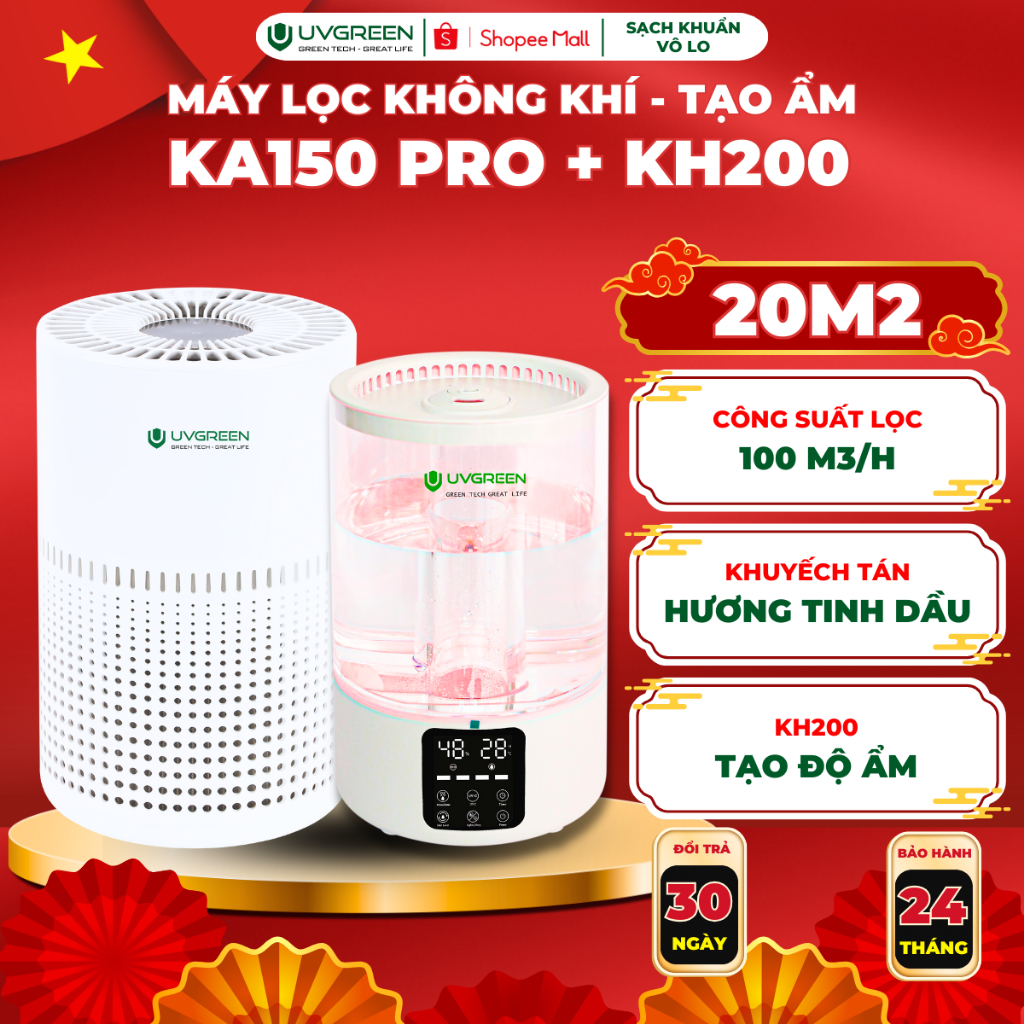[UVG] Combo Máy Lọc Không Khí Diệt Khuẩn KA150 & Máy Phun Sương Tạo Ẩm KH200, Xông tinh dầu, Lọc Sạc