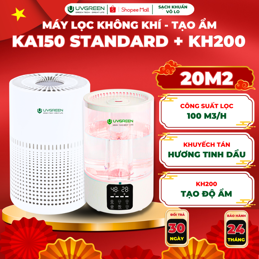 Combo Máy Lọc Không Khí Diệt Khuẩn KA150 & Máy Phun Sương Tạo Ẩm KH200 UVC LED - Xông Tinh Dầu, Lọc 