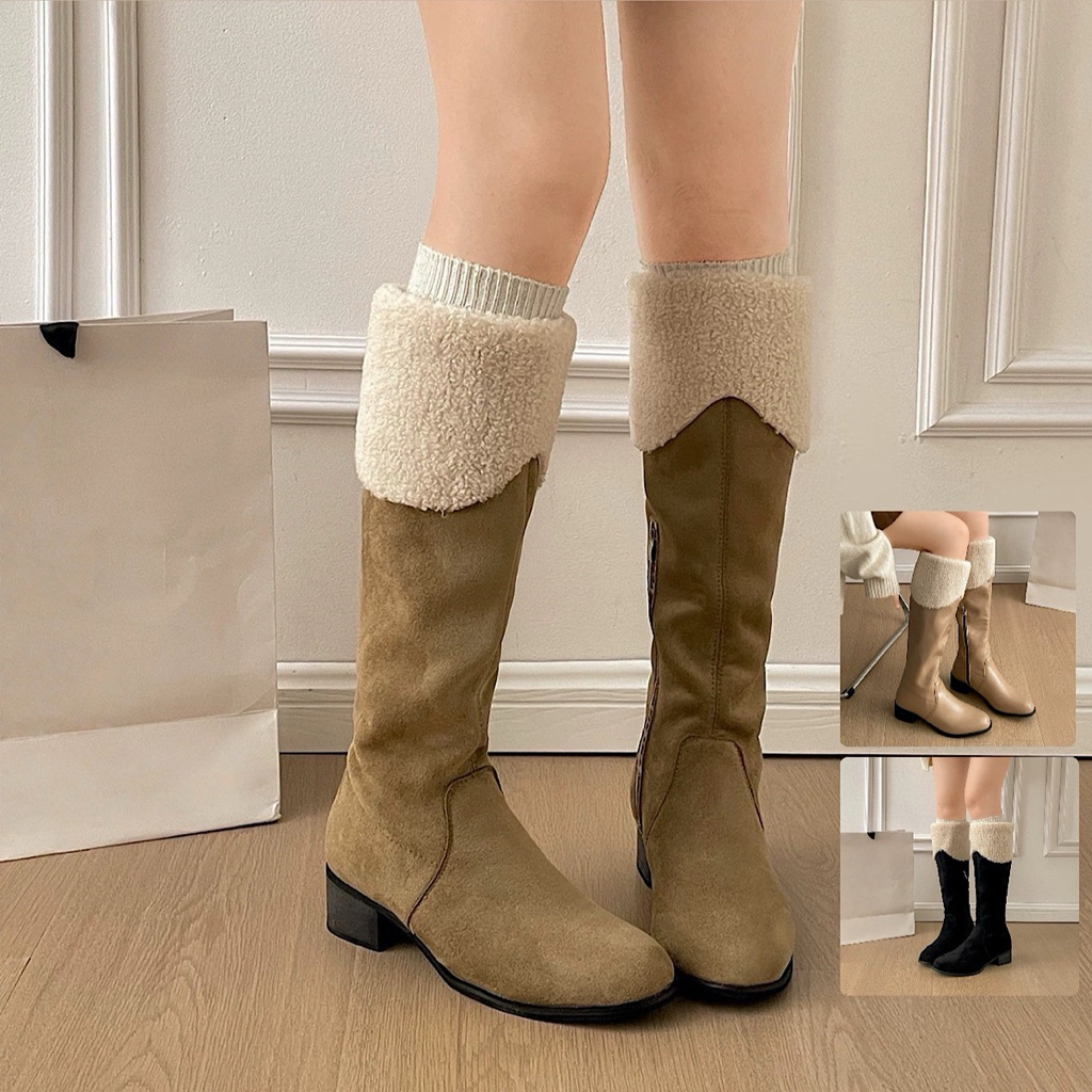 (Bắp chân nhỏ-vừa)Giày boot đùi nữ cao cổ phối lông Eudora899 A6152