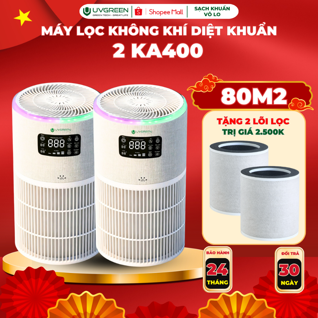 [UVG] [TẶNG 2 LỌC] Combo 2 Máy Lọc Không Khí UVGREEN KA400, UVC LED & Ion Âm Diệt Khuẩn, Remote, Lọc