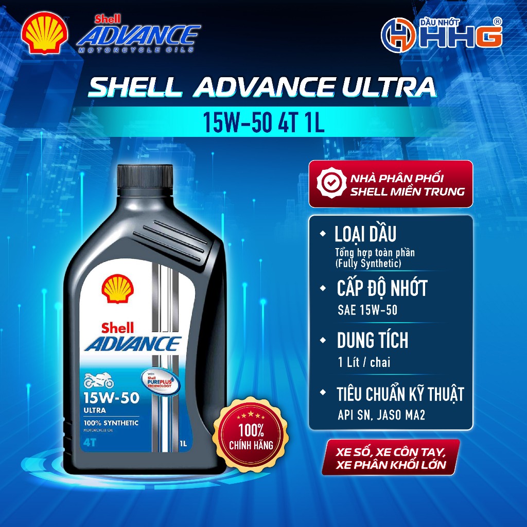 Nhớt Shell Advance 4T Ultra 15W50 SN/MA2 Cho Xe Phân Khối Lớn Xe Côn Tay  - Chai 1L