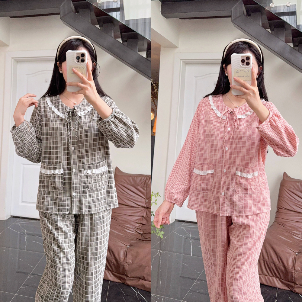 Đồ bộ pijama nhà Lila dài tay quần có túi kẻ caro cao cấp mềm mịn, mát khi mặc