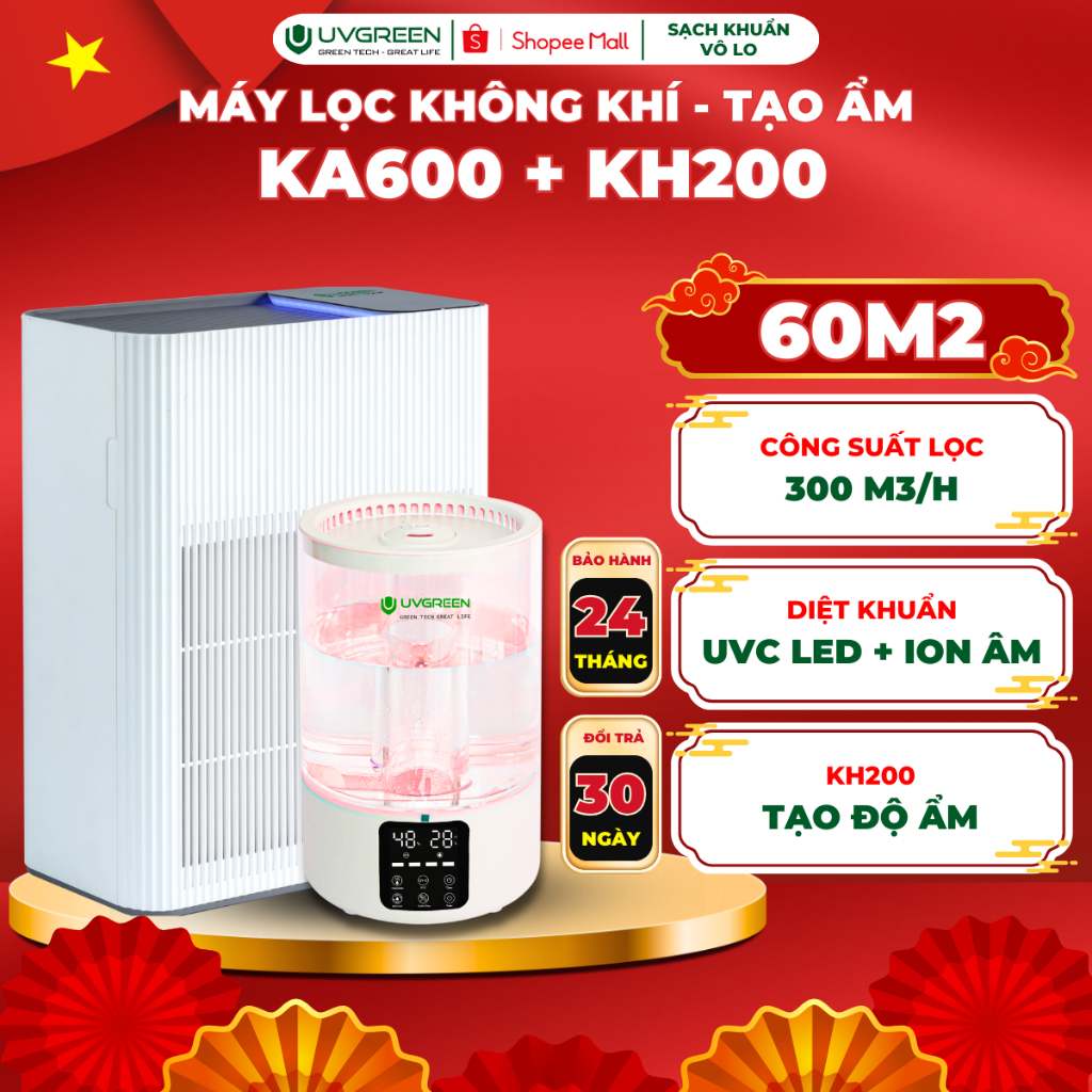 [UVG] Combo Máy Lọc Không Khí KA600 & Máy Phun Sương Tạo Ẩm KH200 - UVC LED, ION Âm, Lọc Sạch Bụi Mị